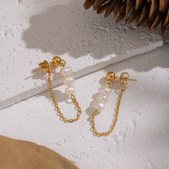 Wholesale Women's Natural Freshwater Pearl Tassel Geometric Earrings With Vacuum Real Gold Plating In Pvd Furnace Light Luxury And Minimalist Style Jewelry Accessories