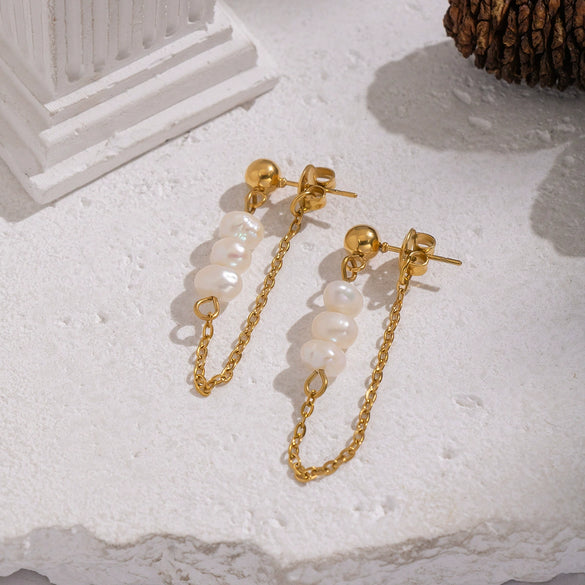 Wholesale Women's Natural Freshwater Pearl Tassel Geometric Earrings With Vacuum Real Gold Plating In Pvd Furnace Light Luxury And Minimalist Style Jewelry Accessories