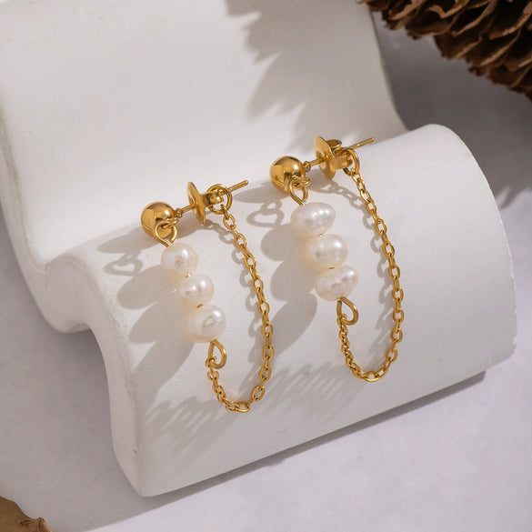 Wholesale Women's Natural Freshwater Pearl Tassel Geometric Earrings With Vacuum Real Gold Plating In Pvd Furnace Light Luxury And Minimalist Style Jewelry Accessories