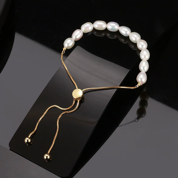 Wholesale Women's Natural Geometric S925 Sterling Silver Freshwater Pearl Adjustable Halfnaked Chain Bracelet With Electroplating