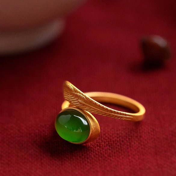 Wholesale Women's Natural Jasper Feather Open Ring Sterling Silver Gold Plated Retro Style