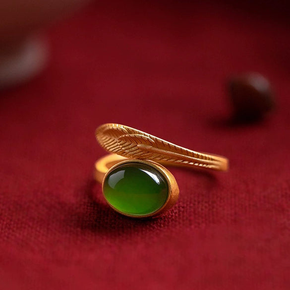 Wholesale Women's Natural Jasper Feather Open Ring Sterling Silver Gold Plated Retro Style