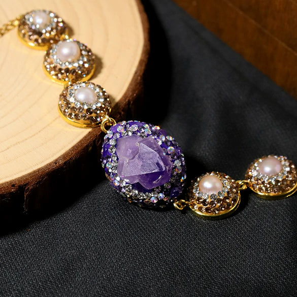 Wholesale Women's Natural Pearl And Amethyst Elegant Palace Style Bracelet Set With 18K Gold Electroplated Jewelry