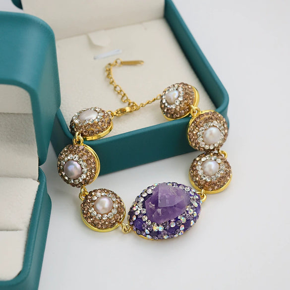 Wholesale Women's Natural Pearl And Amethyst Elegant Palace Style Bracelet Set With 18K Gold Electroplated Jewelry