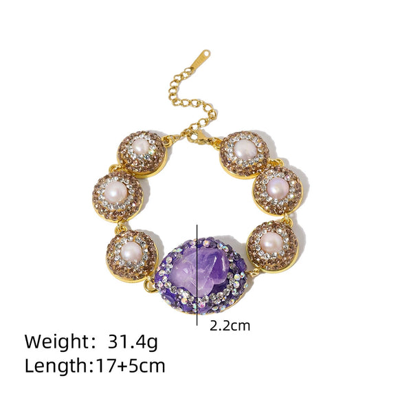 Wholesale Women's Natural Pearl And Amethyst Elegant Palace Style Bracelet Set With 18K Gold Electroplated Jewelry