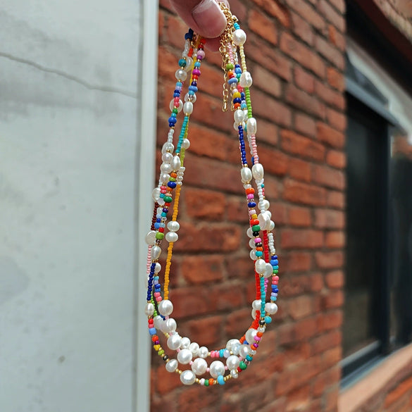 Wholesale Women's Natural Pearl And Organic Glass Geometric Beaded Clavicle Chain Hand Knitted In Ins Style