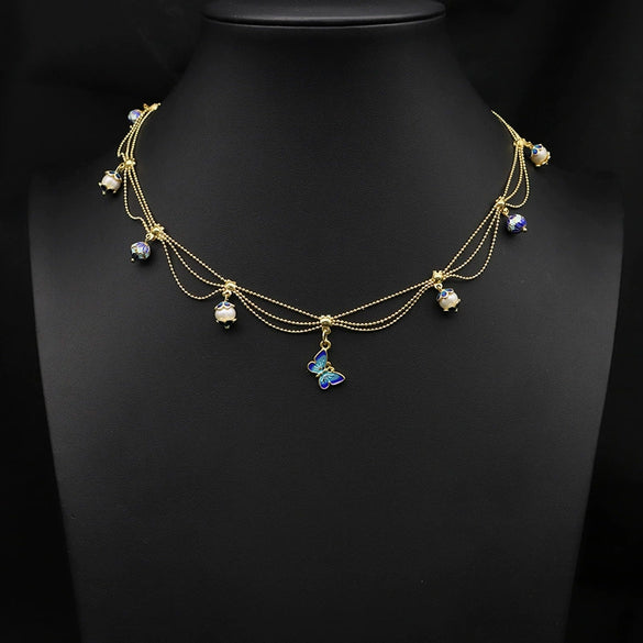 Wholesale Women's Natural Pearl Necklace With Cloisonne Lace Tassel Butterfly Pendant Retro Geometric Electroplated Jewelry