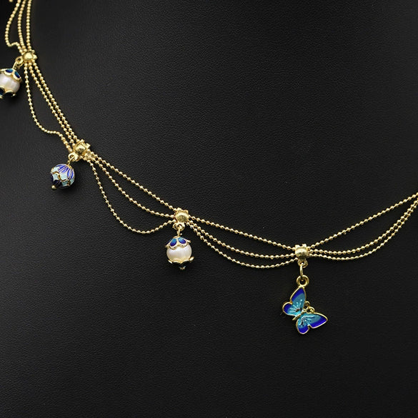 Wholesale Women's Natural Pearl Necklace With Cloisonne Lace Tassel Butterfly Pendant Retro Geometric Electroplated Jewelry