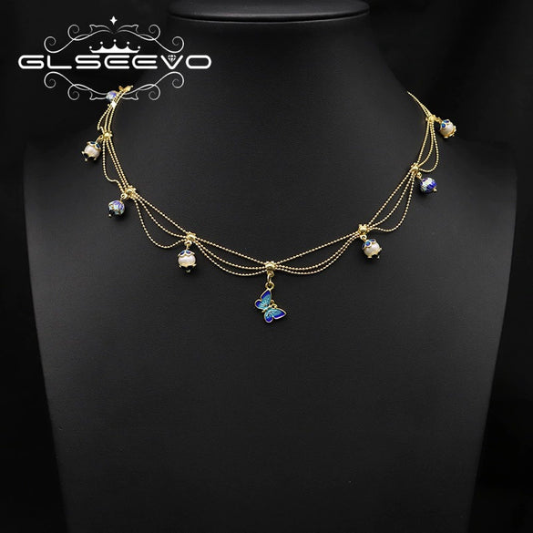 Wholesale Women's Natural Pearl Necklace With Cloisonne Lace Tassel Butterfly Pendant Retro Geometric Electroplated Jewelry
