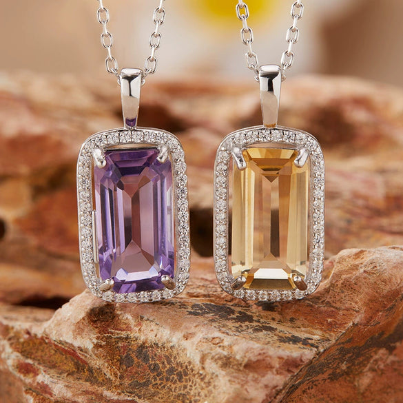 Wholesale Women's Natural Rectangular Amethyst Citrine Pendant Necklace In S925 Sterling Silver With Geometric Pattern And Crystal Setting