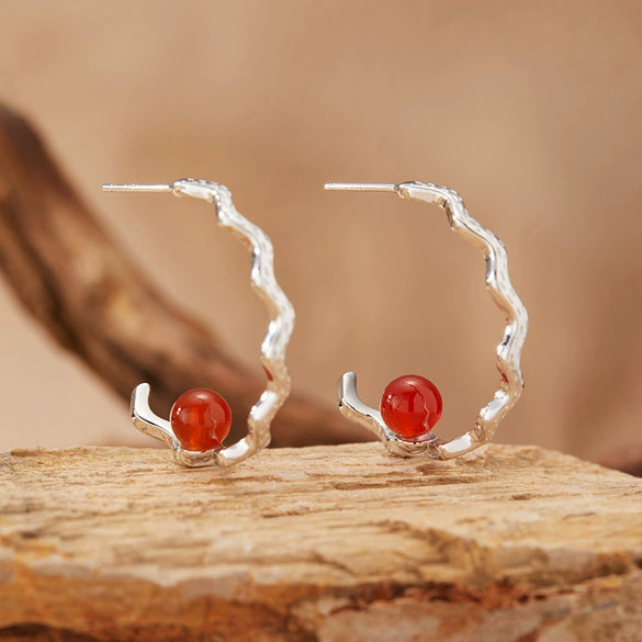 Wholesale Women's Natural Red Agate Pearl Earrings S925 Sterling Silver Wave Shape Set With Gemstones Light Luxury Design