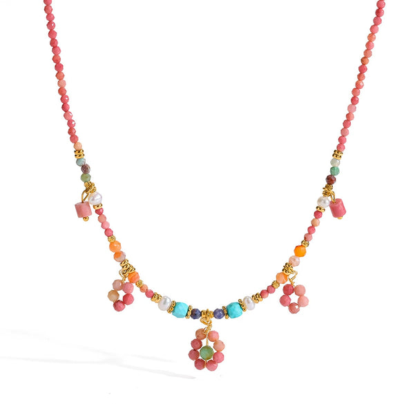 Wholesale Women's Natural Stone And Stainless Steel Flowershaped Pendant Beaded Necklace With Pvd Furnace Vacuum Real Gold Plating