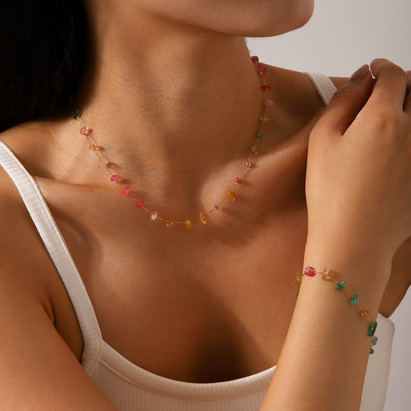 Wholesale Women's Natural Stone And Stainless Steel Geometric Beaded Necklace With Electroplating Design