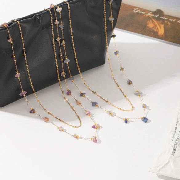 Wholesale Women's Natural Stone And Stainless Steel Geometric Gold Plated Doublelayered Necklaces