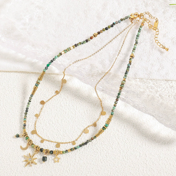 Wholesale Women's Natural Stone And Stainless Steel Geometric Vintage Handbeaded Clavicle Chain Necklace With Brass Star Pendant And Electroplating