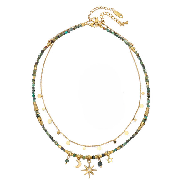 Wholesale Women's Natural Stone And Stainless Steel Geometric Vintage Handbeaded Clavicle Chain Necklace With Brass Star Pendant And Electroplating