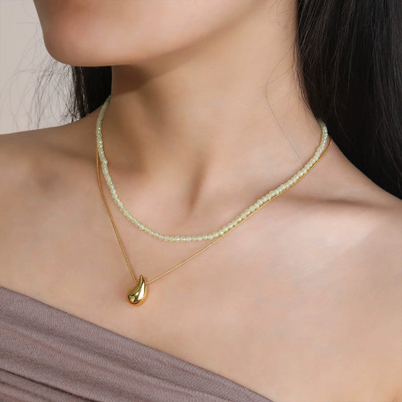 Wholesale Women's Natural Stone Beaded Stainless Steel Zircon Necklace Small Fresh Geometric Handmade Design