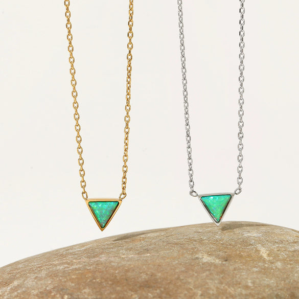Wholesale Women's Natural Stone Opal Geometric Triangle Pendant Necklace With Cross Leather Corner Chain And Stainless Steel Electroplated Jewelry