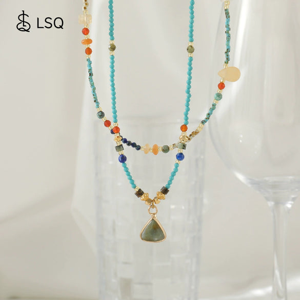 Wholesale Women's Natural Stone Stainless Steel Copper Geometric Handmade Stacked Beaded Necklace