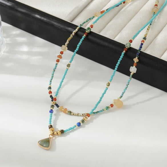 Wholesale Women's Natural Stone Stainless Steel Copper Geometric Handmade Stacked Beaded Necklace