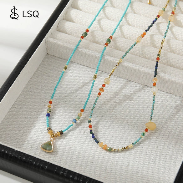 Wholesale Women's Natural Stone Stainless Steel Copper Geometric Handmade Stacked Beaded Necklace