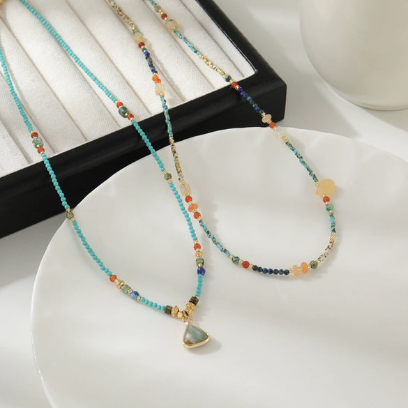 Wholesale Women's Natural Stone Stainless Steel Copper Geometric Handmade Stacked Beaded Necklace