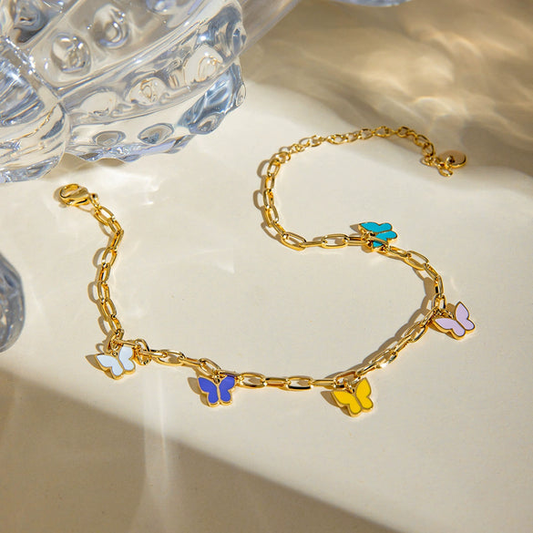 Wholesale Women's Natural Style Geometric Stainless Steel Color Drop Oil Butterfly Anklet Jewelry