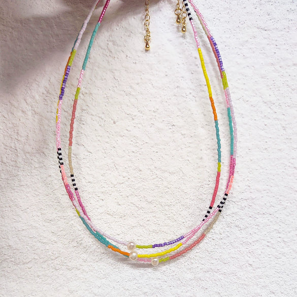 Wholesale Women's Natural Style Handwoven Geometric Clavicle Chain Necklace With Pearl And Organic Glass