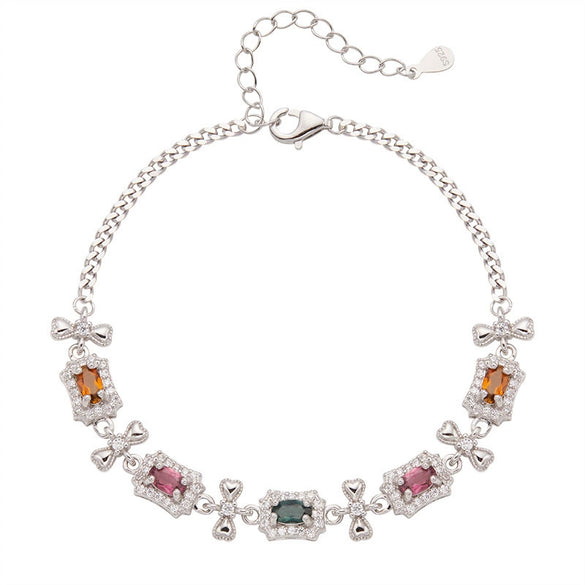Wholesale Women's Natural Tourmaline S925 Sterling Silver Bracelet With Flower And Bow Patterns Set With Gemstones