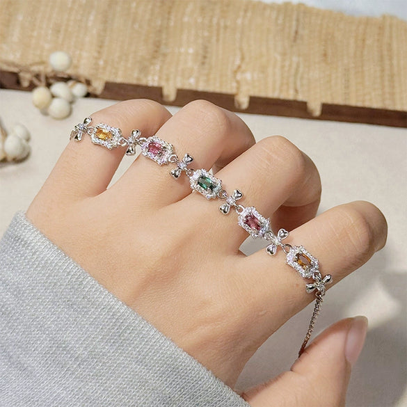Wholesale Women's Natural Tourmaline S925 Sterling Silver Bracelet With Flower And Bow Patterns Set With Gemstones