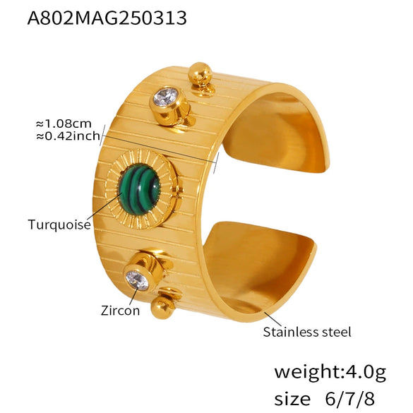 Wholesale Women's Natural Turquoise Long Stripe Geometric Zircon Opening Adjustable Stainless Steel Ring With Electroplating