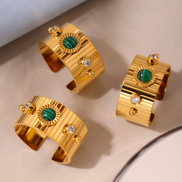 Wholesale Women's Natural Turquoise Long Stripe Geometric Zircon Opening Adjustable Stainless Steel Ring With Electroplating