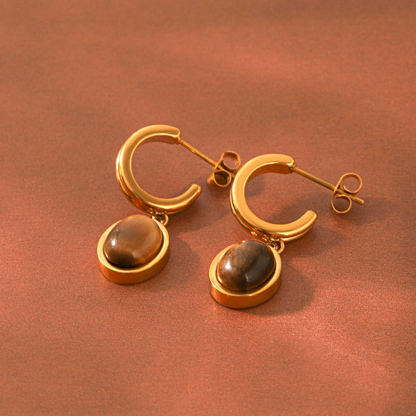 Wholesale Women's Natural Vintage Tiger Eye Stainless Steel Geometric Electroplated Hammered Earrings