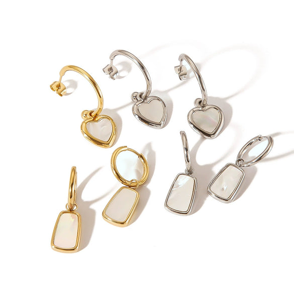 Wholesale Women's Natural White Shell Geometric Heart Shaped Pendant Earrings In Ins Style Made Of Stainless Steel With 18K Vacuum Plating In Furnace