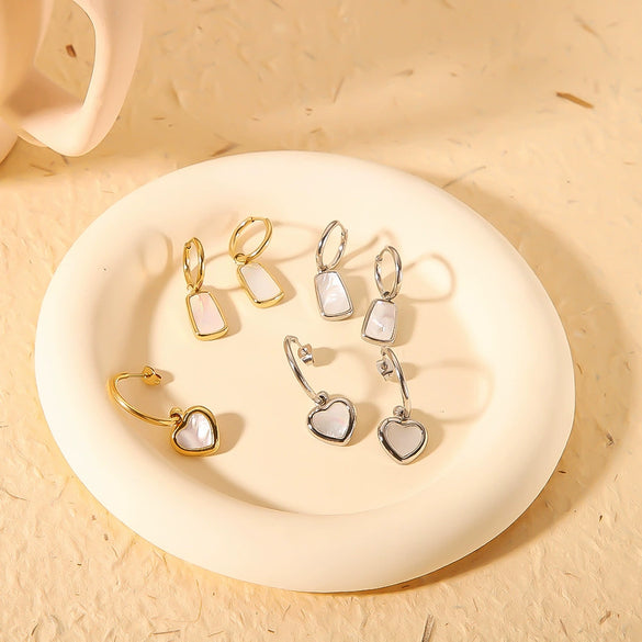 Wholesale Women's Natural White Shell Geometric Heart Shaped Pendant Earrings In Ins Style Made Of Stainless Steel With 18K Vacuum Plating In Furnace