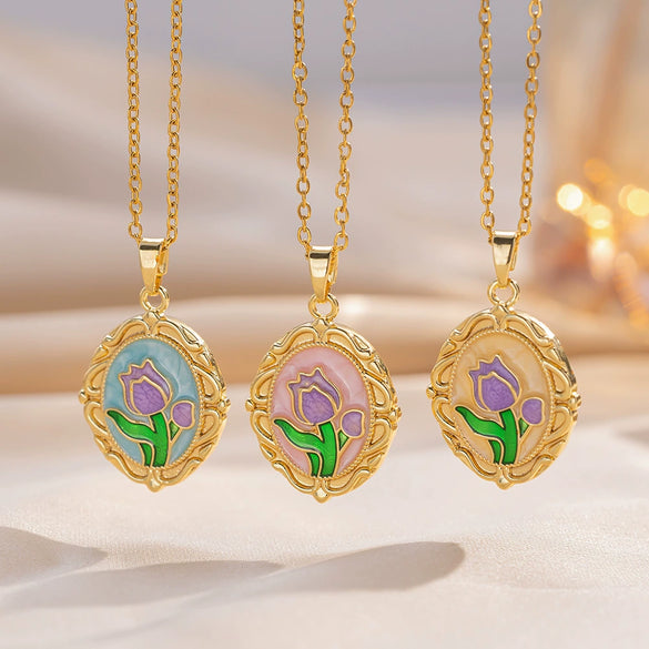 Wholesale Women's Necklace Brass Gold Plated Oil Painting Style Colorful Drops Glaze Enamel Purple Tulip Flower Shape Titanium Steel Dripping Oil