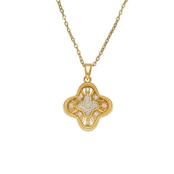 Wholesale Women's Necklace Geometric Cut Out Fourleaf Flower Design Inlaid Zircon Copper Stainless Steel 18K Gold Plated O Word Chain