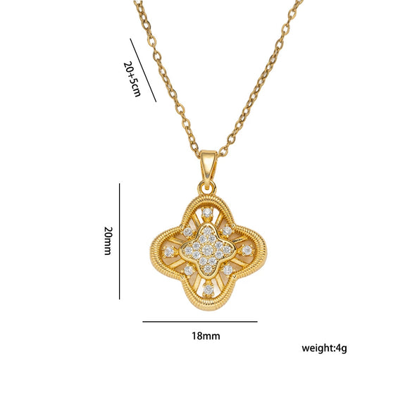 Wholesale Women's Necklace Geometric Cut Out Fourleaf Flower Design Inlaid Zircon Copper Stainless Steel 18K Gold Plated O Word Chain