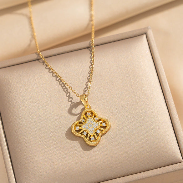 Wholesale Women's Necklace Geometric Cut Out Fourleaf Flower Design Inlaid Zircon Copper Stainless Steel 18K Gold Plated O Word Chain