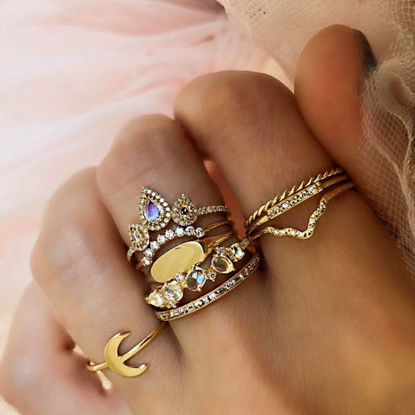 Wholesale Women's New Retro Gold 9 Piece Set Combination Ring In Geometric Pattern Alloy Material With Electroplating