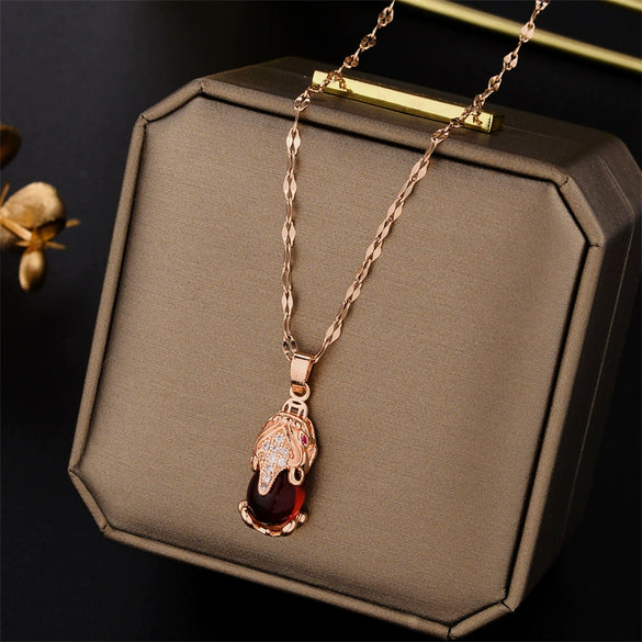 Wholesale Women's New Year Red Lucky Pixiu Titanium Steel Necklace With 18K Gold Plated Electroplating And Geometric Design