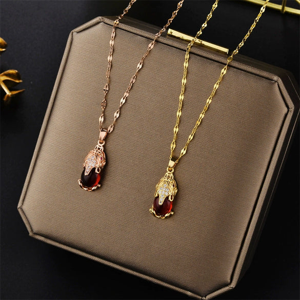 Wholesale Women's New Year Red Lucky Pixiu Titanium Steel Necklace With 18K Gold Plated Electroplating And Geometric Design
