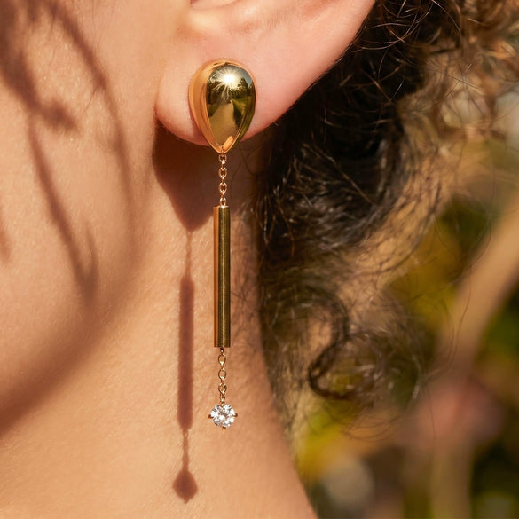Wholesale Women's Niche Design Geometric Stainless Steel Microinlaid Zircon Electroplated Long Tassel Pendant Earrings