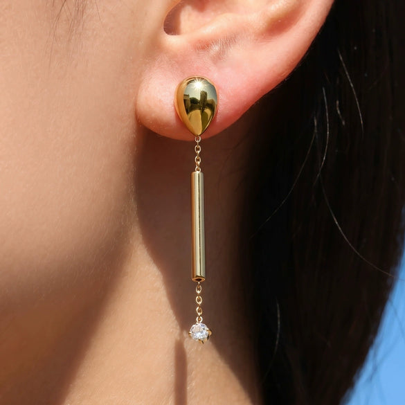Wholesale Women's Niche Design Geometric Stainless Steel Microinlaid Zircon Electroplated Long Tassel Pendant Earrings