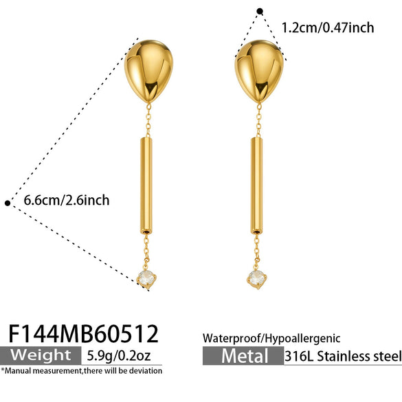 Wholesale Women's Niche Design Geometric Stainless Steel Microinlaid Zircon Electroplated Long Tassel Pendant Earrings