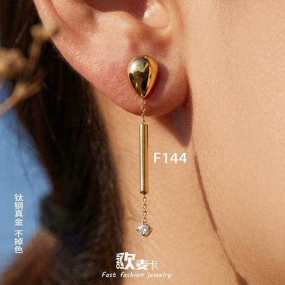 Wholesale Women's Niche Design Geometric Stainless Steel Microinlaid Zircon Electroplated Long Tassel Pendant Earrings
