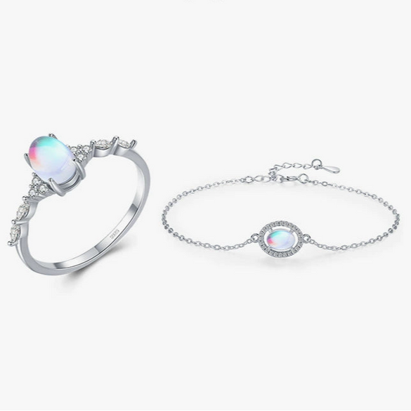 Wholesale Women's Niche Geometric Eggshaped S925 Sterling Silver Moonstone Jewelry Bracelet And Closed Ring