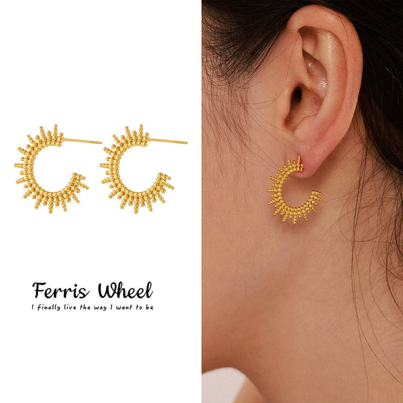 Wholesale Women's Niche Geometric Ferris Wheel Cshaped Round Bead Sunflower Earrings Stainless Steel 18K Gold Electroplated Jewelry