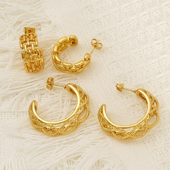 Wholesale Women's Niche Geometric Hollow Cshaped Goldplated Titanium Steel Earrings