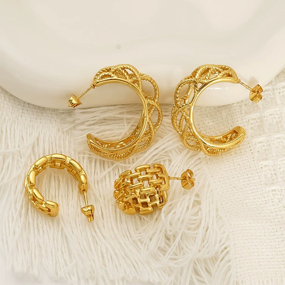 Wholesale Women's Niche Geometric Hollow Cshaped Goldplated Titanium Steel Earrings